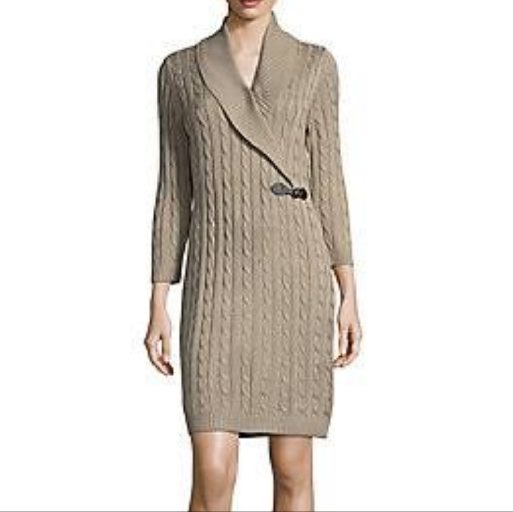 Calvin Klein Tan Sweater Dress Chunky Cable Knit Tan Neutral Buckle Faux Wrap XL